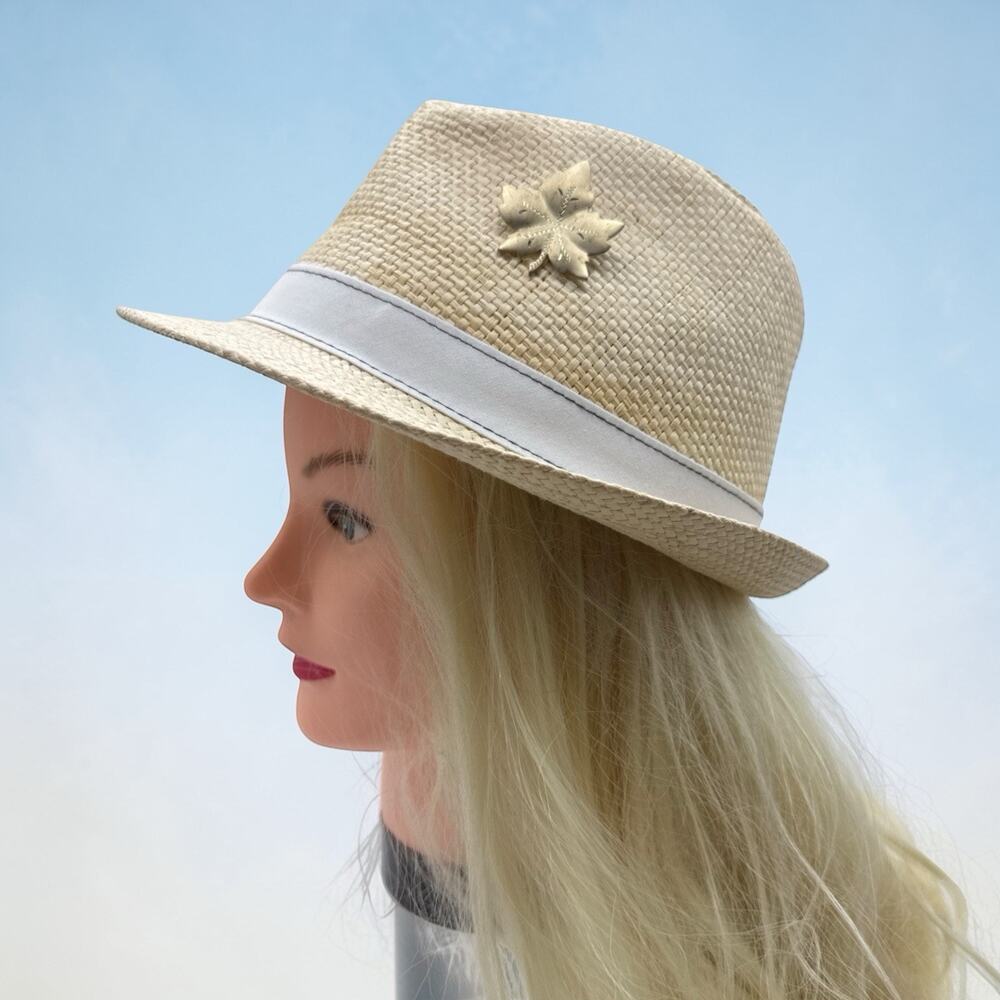 Lady Hagen Straw Sun Hat Fedora Band Golf Resort Chic W/ Maple Leaf Pin READ